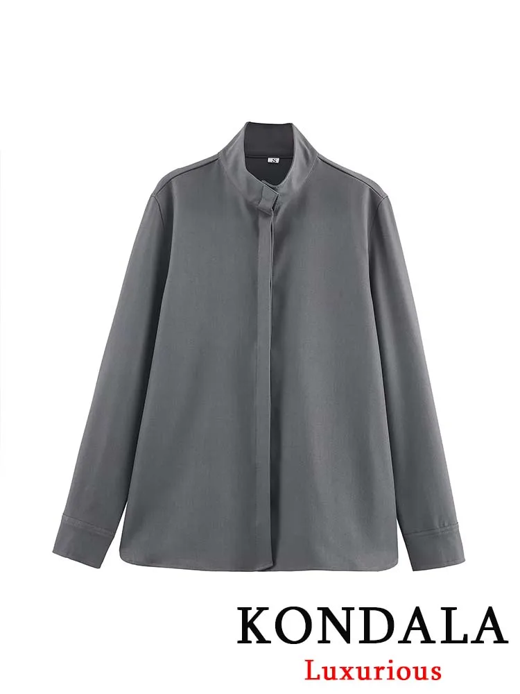 

KONDALA Повседневная шикарная женская блузка Серая однотонная однобортная свободная блузка с воротником-стойкой и длинным рукавом Новая мода 2025 Осенние рубашки