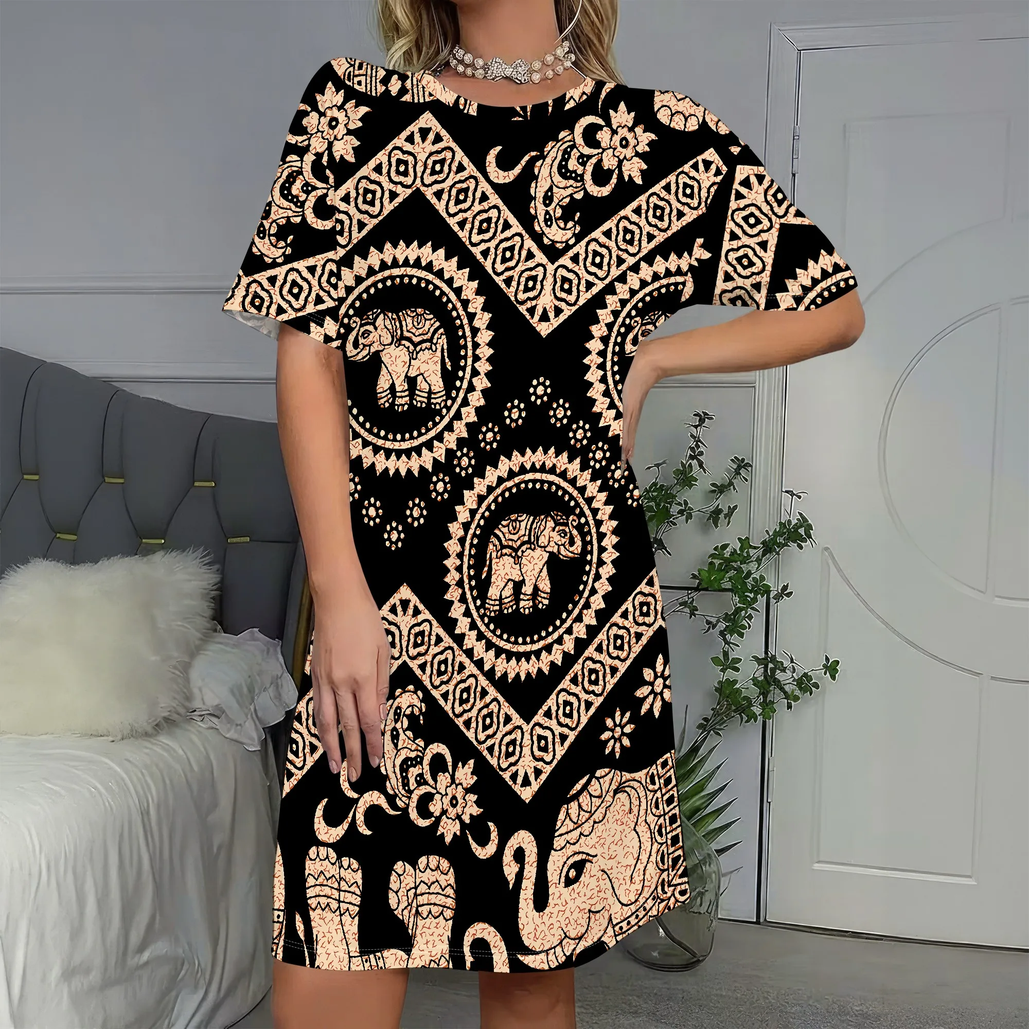

Vintage Elephant Print, Boho Short Sleeve Dress, Retro Tribal Pattern, Casual Summer Wear, Beach Party Outfit, S-2XL
