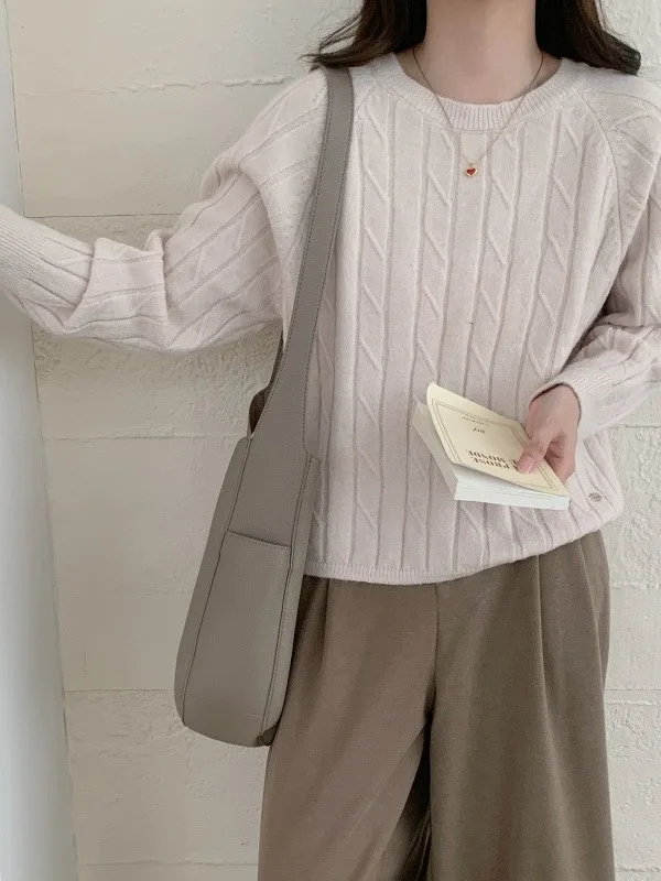 Lazin Knitted Sweater round Ne Loose Top ort Sle Autumn Winter Warm Thiened Knitting Wool Blend Commute Sle