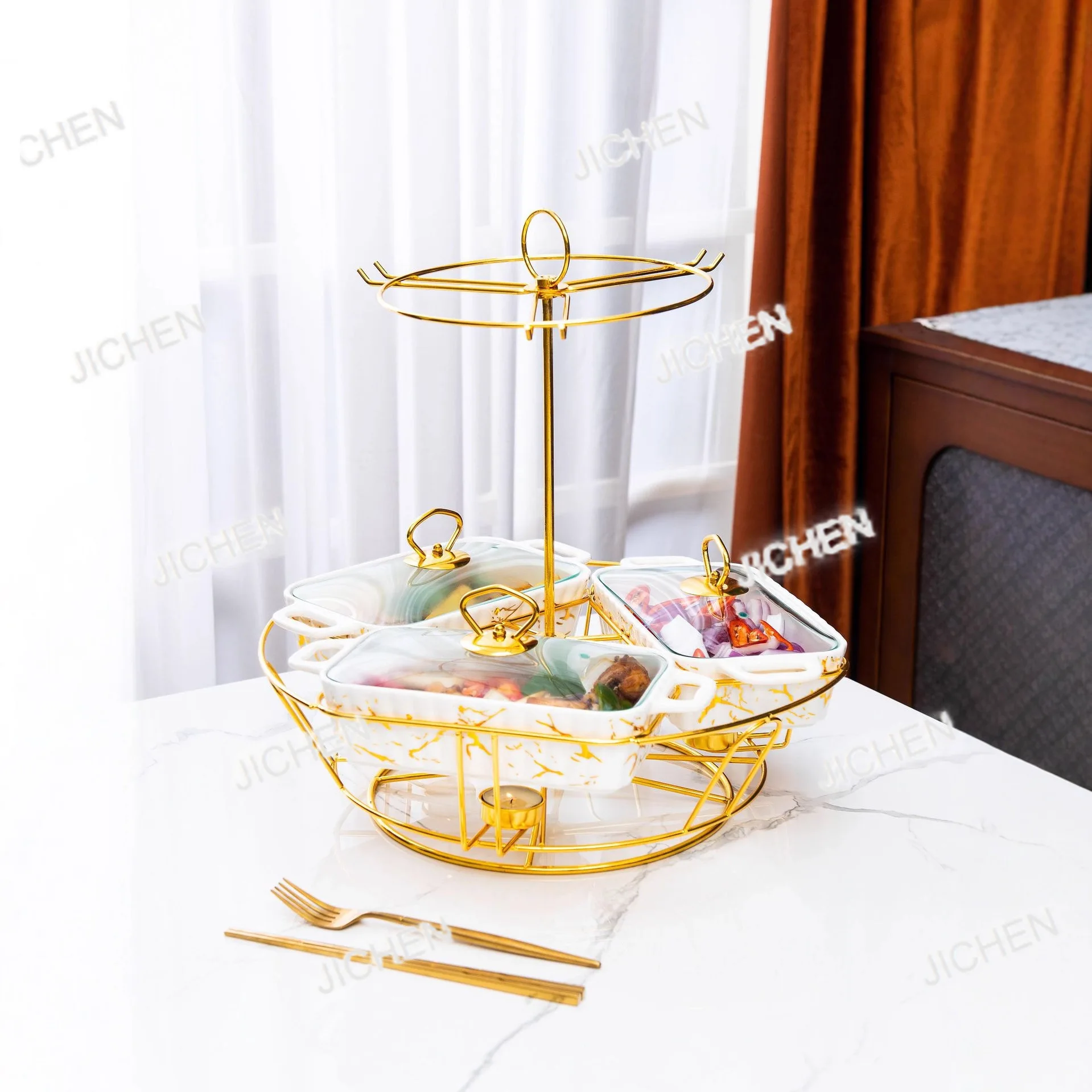 

Three-grid Rotating Ceramic Baking Pan Marble Baking Ware Plate Marble Pattern Baking Pan