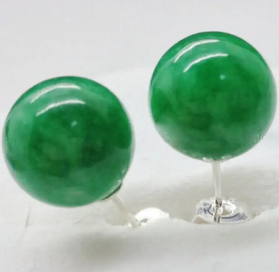 

Genuine 10mm Natural Green Jadeite Jade Silver Earrings Bride jewelry