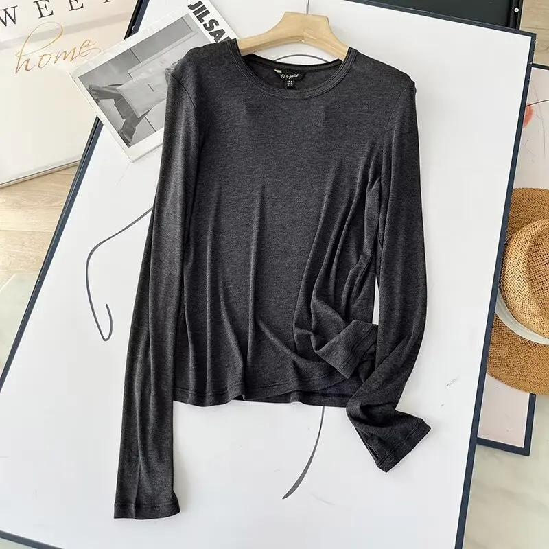 

2024 Spring Tops Lightweight Bottoming Long-Sleeved T-Shirt for Women Dark Grey Minimalist Slim Fit Female Round Neck Tee