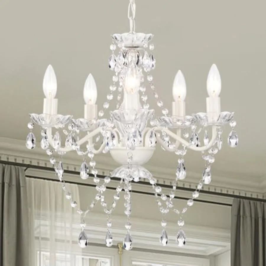

Small White 5-Light Crystal Chandelier for Bedroom Dining Room Living Room Kitchen Foyer Girls Room Modern Glass Ceiling Light