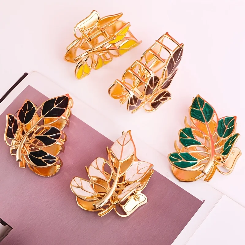 Hot-selling hair accessories women colored metal leaves grab the back of the head ball head clip all the ponytail hair claw