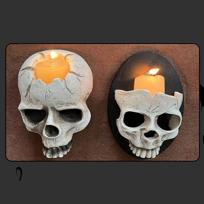 Halloween Decoration Gothic Wall Mounted Candle Sconce Resin Halloween Skull Head Candle Holder Half Face Skeleton Candlestick