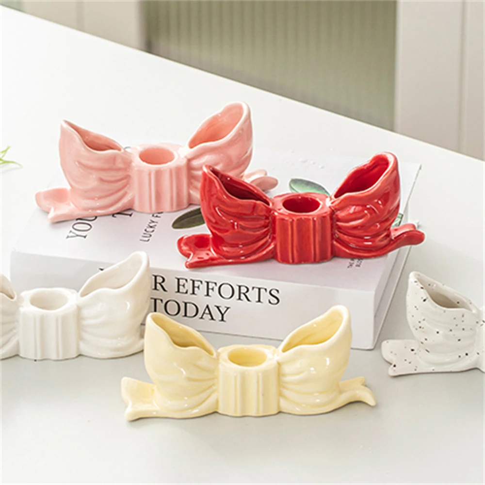 Bow Shaped Ceramic Candle Holder Home Decoration Ornament Long Pole Aromatherapy Candle Holder Ornament Pink Red