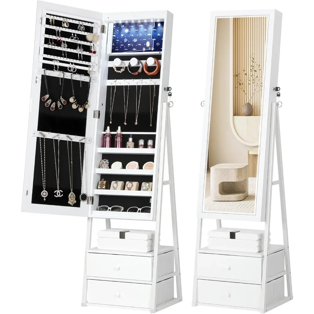 

Jewelry Cabinet Armoire with 2 Drawers, Lockable Standing Jewelry Mirror Cabinet, Full Length Mirror with Jewelry Storage, White