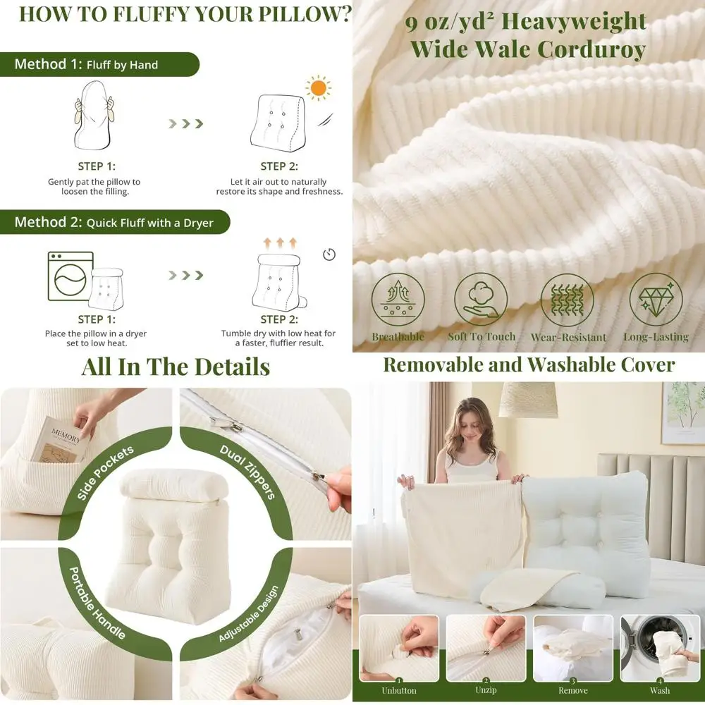 2-Pack Reading Bed Wedge Pillows with Neck Support for Sitting, Sleeping, Post-Surgery, Acid Reflux Relief, Beige, 23x11.5x23