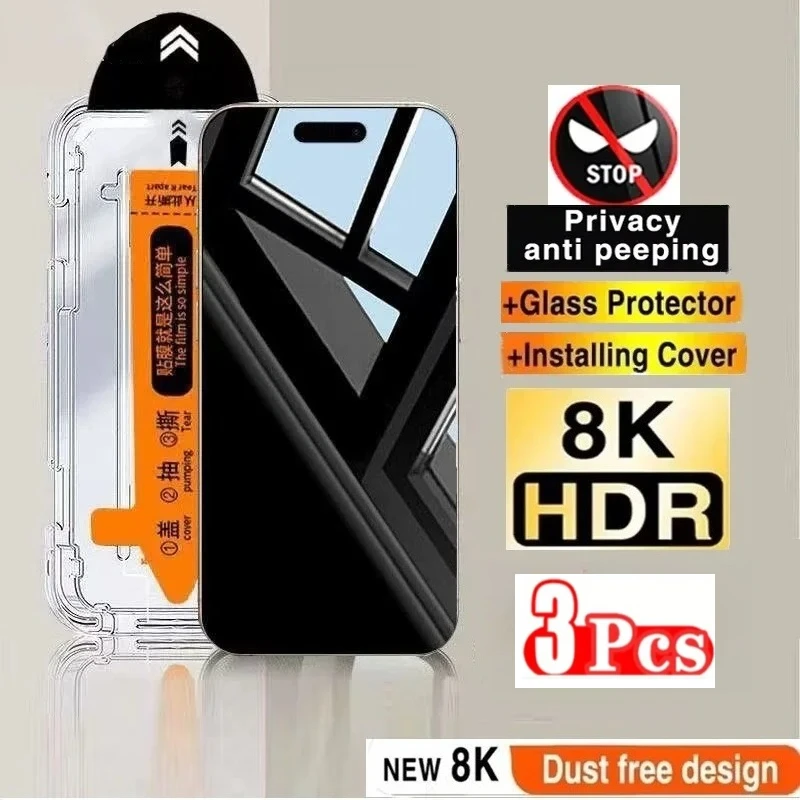 

3Pcs Privacy Screen Protector Dust Free Installation Protector for iPhone 16e 15 14 13 12 11 16 Pro Max Anti-Spy Tempered Glass