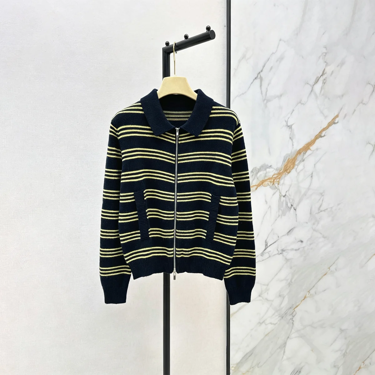 2026 high-quality women's Tibetan blue yellow striped lapel zipper knitted jacket--hb729