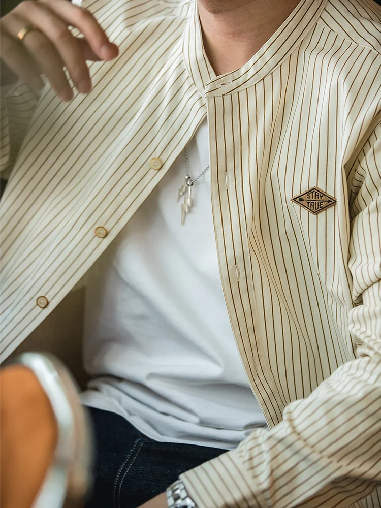 

Мужская бейсбольная рубашка Maden с длинным рукавом, свободного кроя, в ретро-стиле, в полоску, с воротником-стойкой, хлопковая, осенняя верхняя одежда, удобная и универсальная