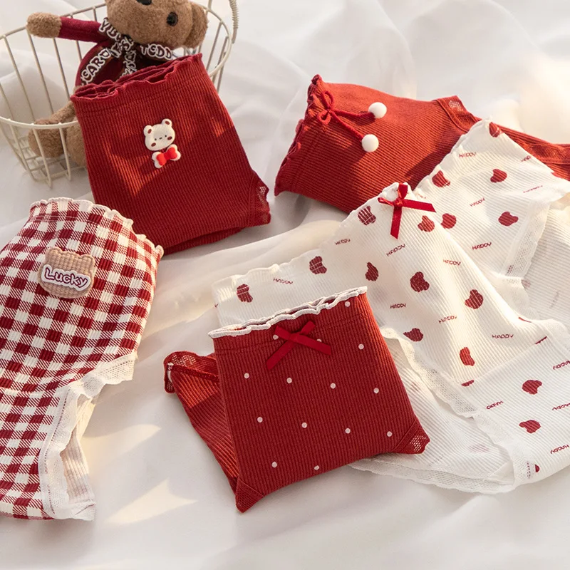 Cute  Baby Cotton Ankela Red Checked Bear Girls Mid Waist Comfortable Skin Friendly   Birthday Triangular Panties Girls 3pcs