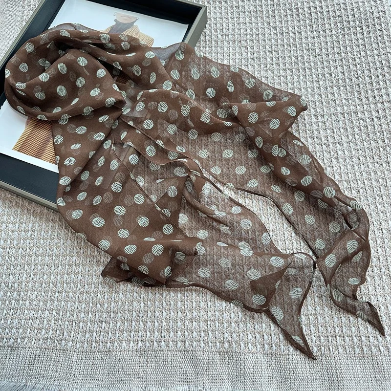 Women's Brown Polka Dot Silk Scarf 100% Mulberry Silk Qiaoqi Gauze Versatile Neck Tied for Spring And Summer High-End Feel