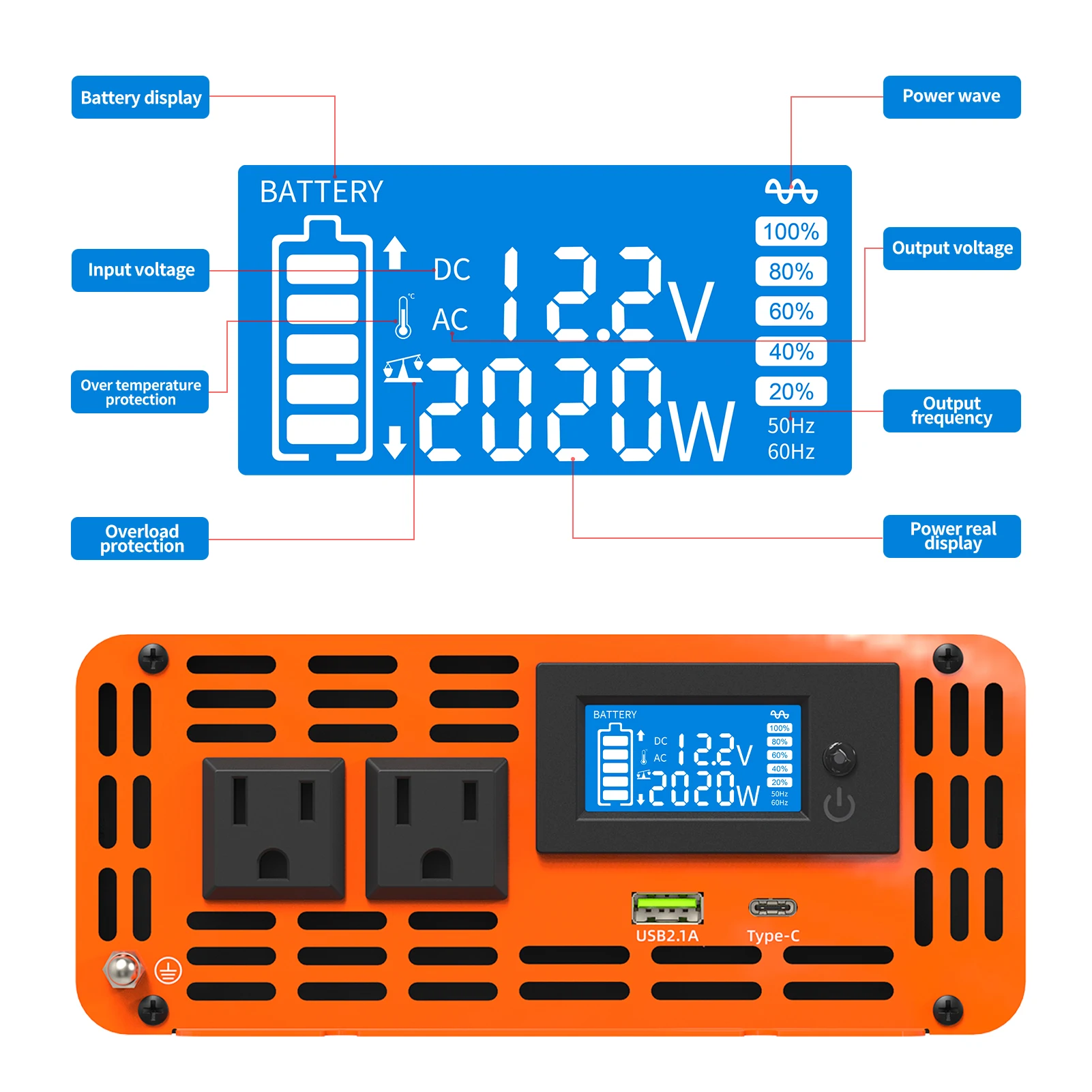 DATOUBOSS Pure Sine Wave Inverter US/JP 4000W DC 12V 24V 36V 48V 60V 72V to AC 110V 130V Power Inverter Continuous Power 2000W