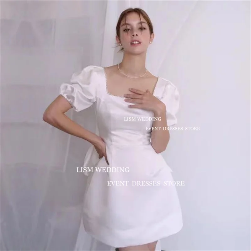 LISM Simple Satin Mini Short A-Line Korea Cocktail Dresses Photo Shoot Puff Sleeves Square Collar Wedding Prom Dress Custom Made