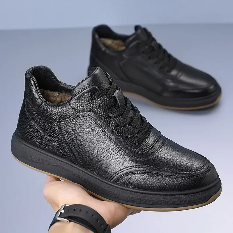 

Winter Men's Casual Shoes Trend Sneakers 2024 Lace-up Genuine Leather Sneaker Men Shoes Flat Soft Sole with Fur Warm Shoe