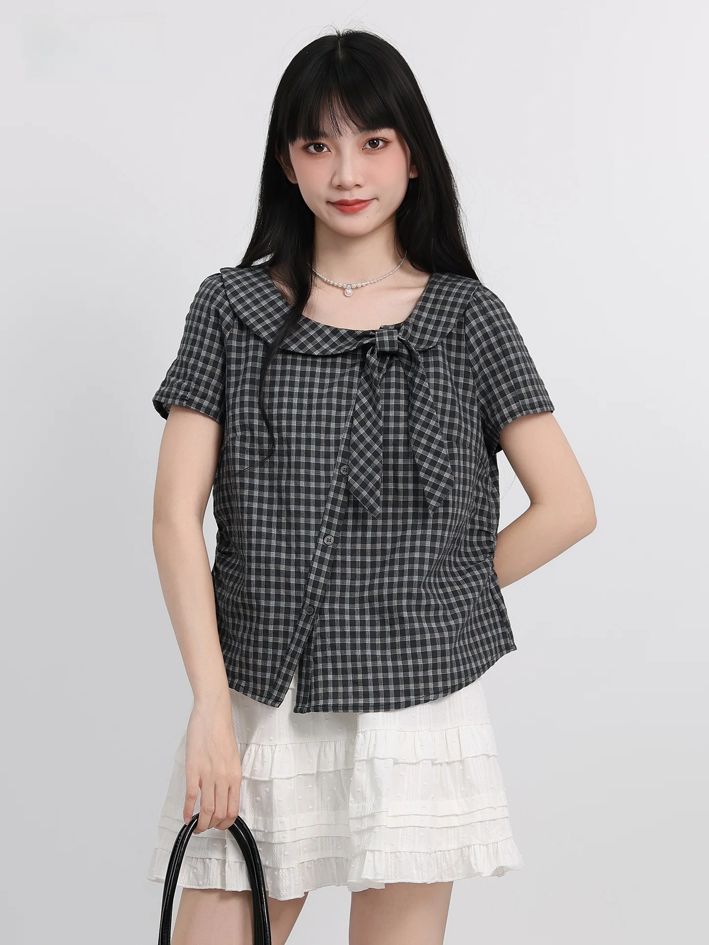 Collège coréen Sle Plaid irt femmes été nouveau ample polyvalent col de poupée cravate ort Sve irt trajet Sle rond Ne