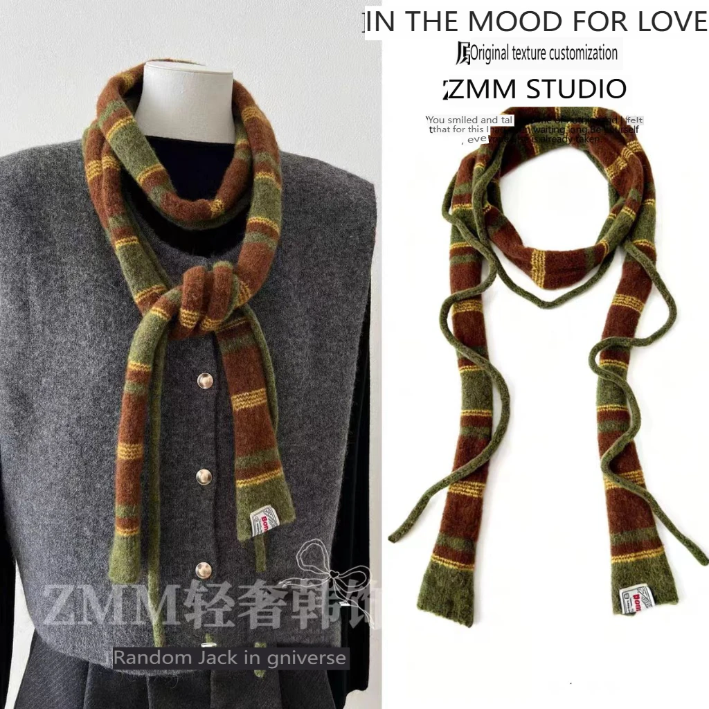 

Корейский стиль: Длинный узкий шарф с двойными полосками, модный универсальный теплый шарф для защиты шеи, полиэстер, имитация шерсти.