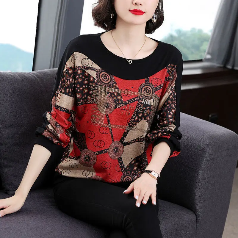 Vintage Printed O-Neck Spliced Diamonds Korean Blouse Women\'s Clothing 2022 Autumn New Oversized Casual Pullovers Commute Shirt