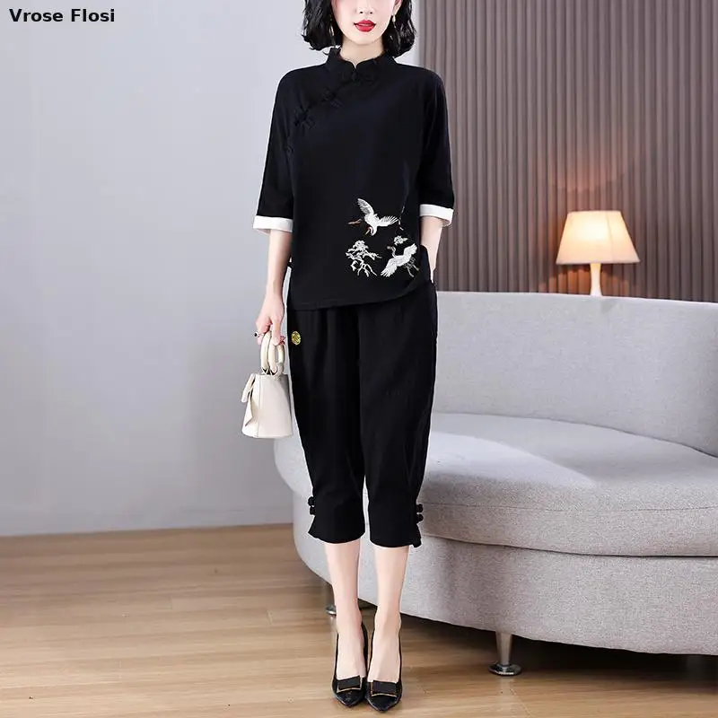 China Traditional Casual Loose Women Hanfu Black Tops Harajuku Vintage Chinese Style Crane Embroidery Cotton Linen Tang Suit New