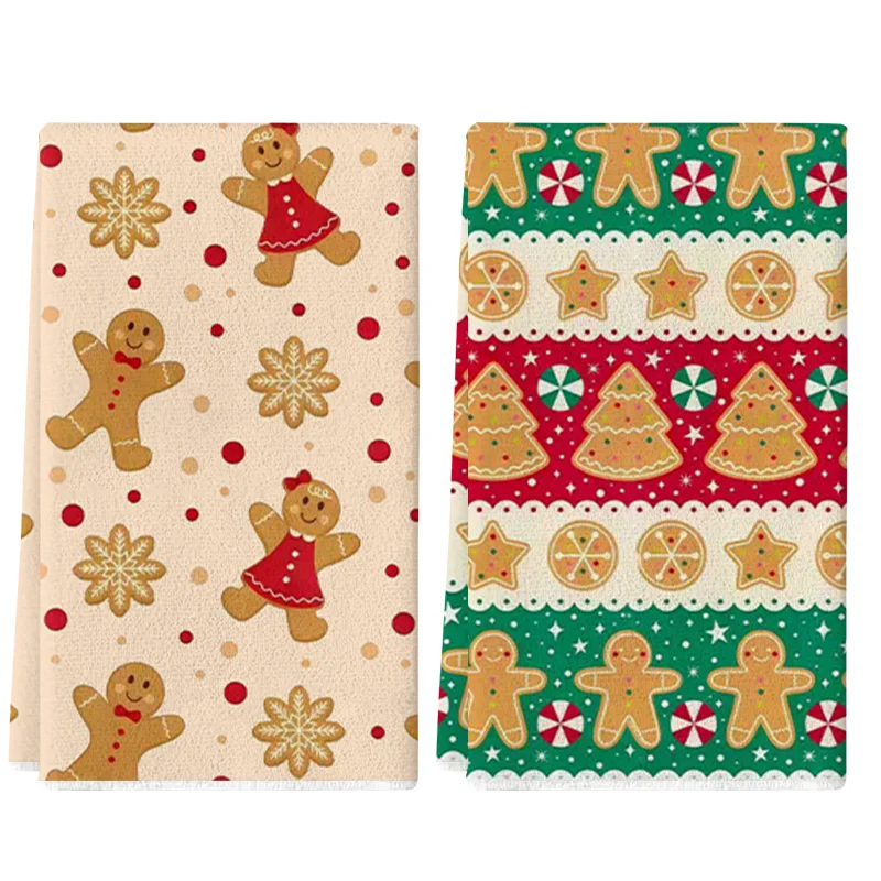 2Pcs, Gingerbread Family Kitchen Towels, 40Cm*60Cm Towel Set, Super Absorbent Soft Cleaning Cloth, Cooking and Baking Tea Towel, Hand Towel, Cleaning Cloth, Dishcloth, Kitchen Decoration, Living Room Decoration, Kitchen Essentials, Home Essentials