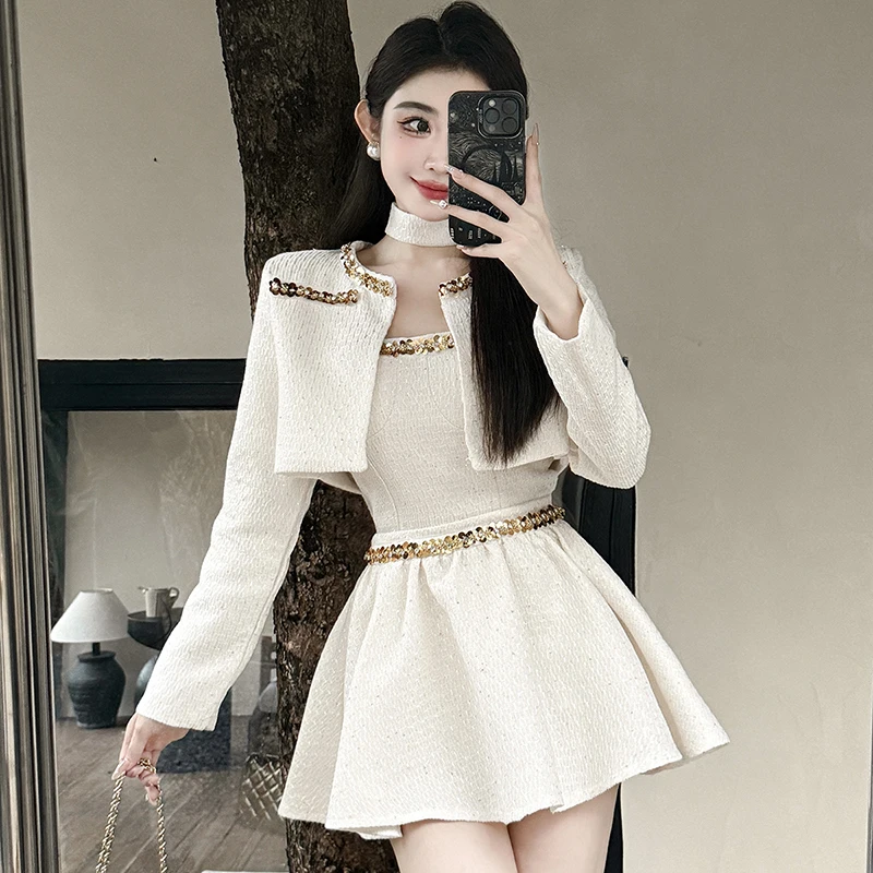 Abito gonna abito donna autunno giacca a maniche lunghe cappotto + canotta + minigonne set di vestiti eleganti da donna da ufficio in tre pezzi