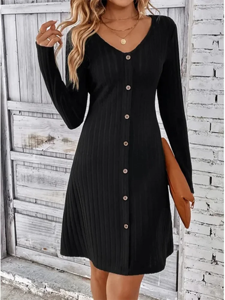 Spring Autumn Solid A-line Dress Trend V-neck  Button Dress Casual Comfortable Women's Robe