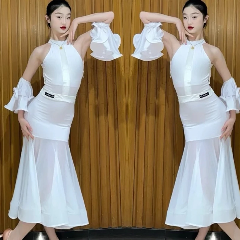 2024 Ballroom Dance Competition Dress For Women Sexy Mesh Big Swing Skirts Adult Waltz Modern Dance Performance Dress DQS15505