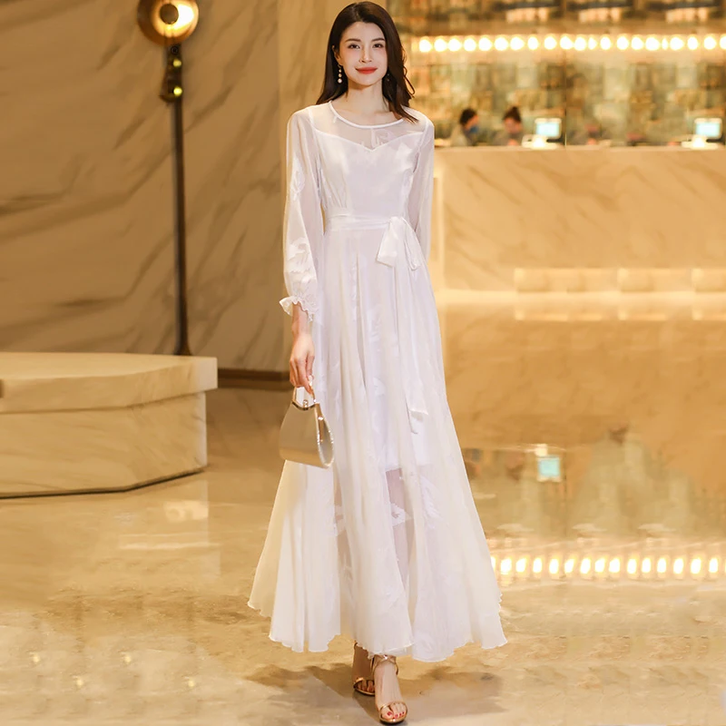 

New Women Summer White Long Dress Fashion O-Neck Long Sleeve Slim Waist Chiffon Dress Simplicity Elegant Mid-Calf Dress