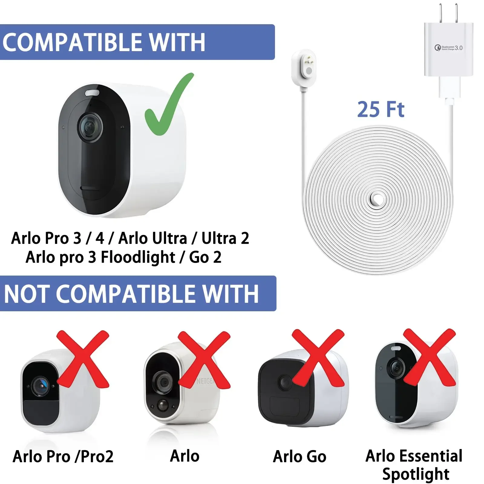 Câble de charge blanc résistant aux intempéries avec port USB, chargeur rapide pour Arlo Ultra, Ultra 2, Pro 3, Pro 4, Go 2, PRO 5S, 7.6m