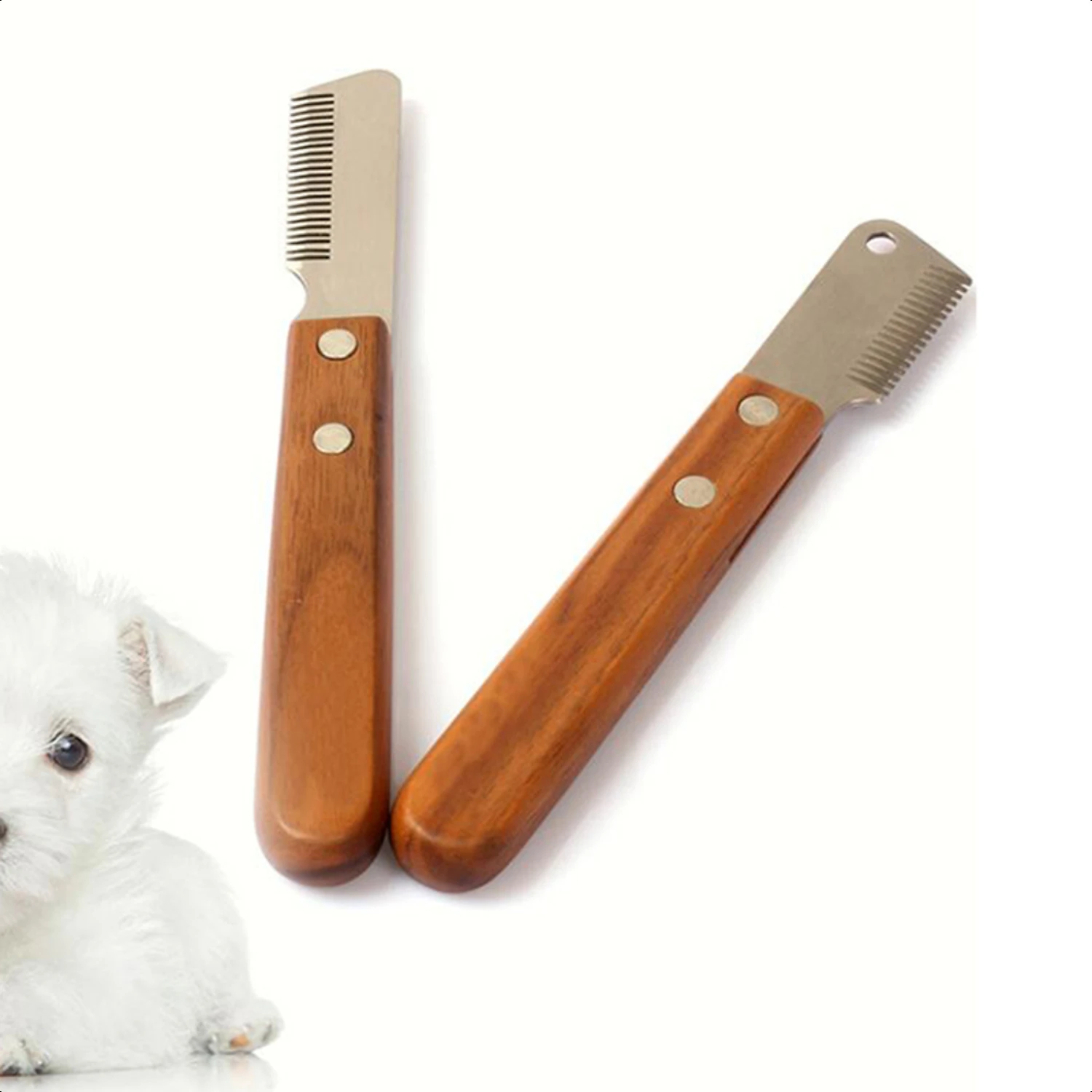 High-quality, efficient stainless steel dog comb with durable wooden handle for comfortable and effective pet hair removal. Cont