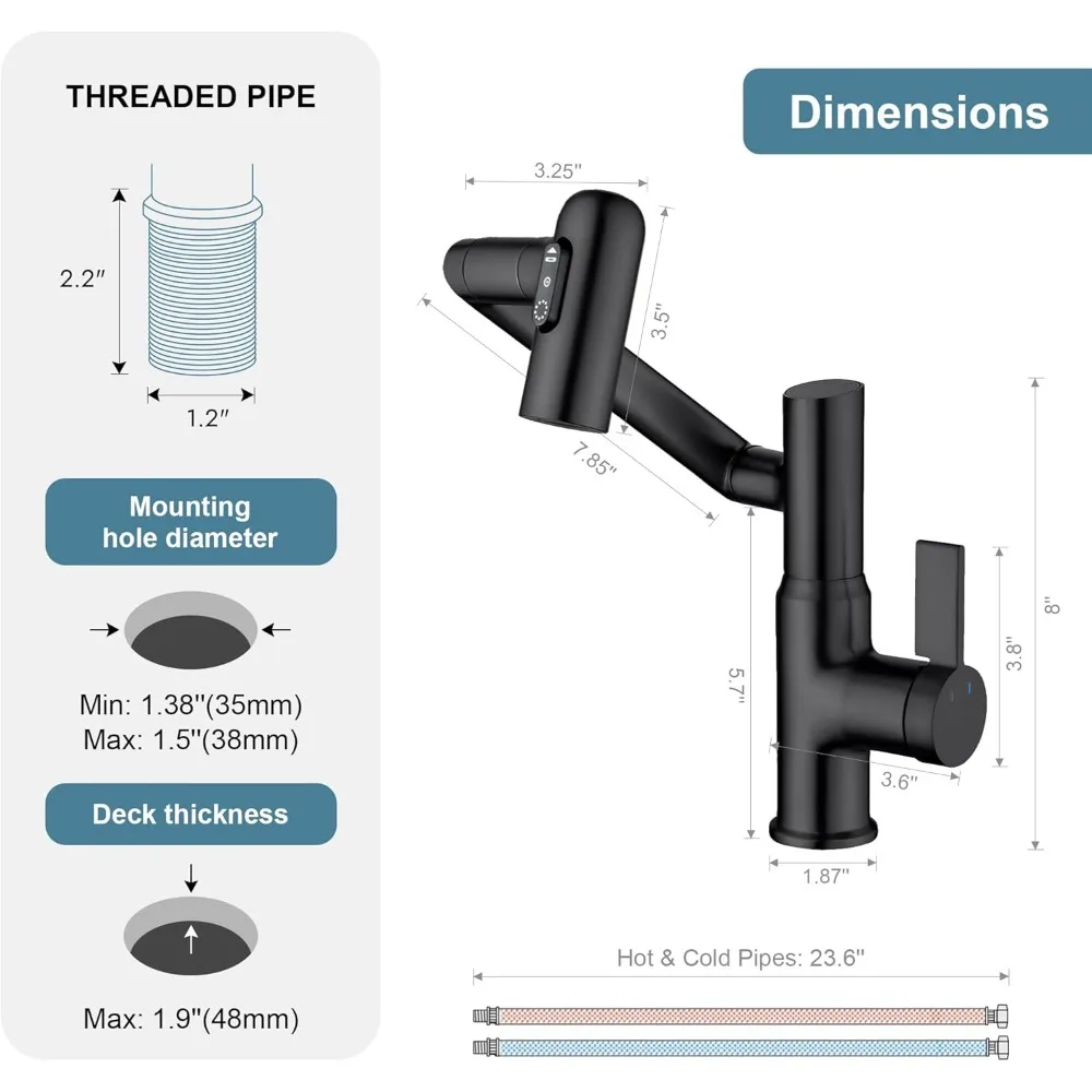 Grifo de baño giratorio contemporáneo negro mate con tapón de drenaje de fregadero emergente sin desbordamiento - Accesorio de lavabo de baño moderno