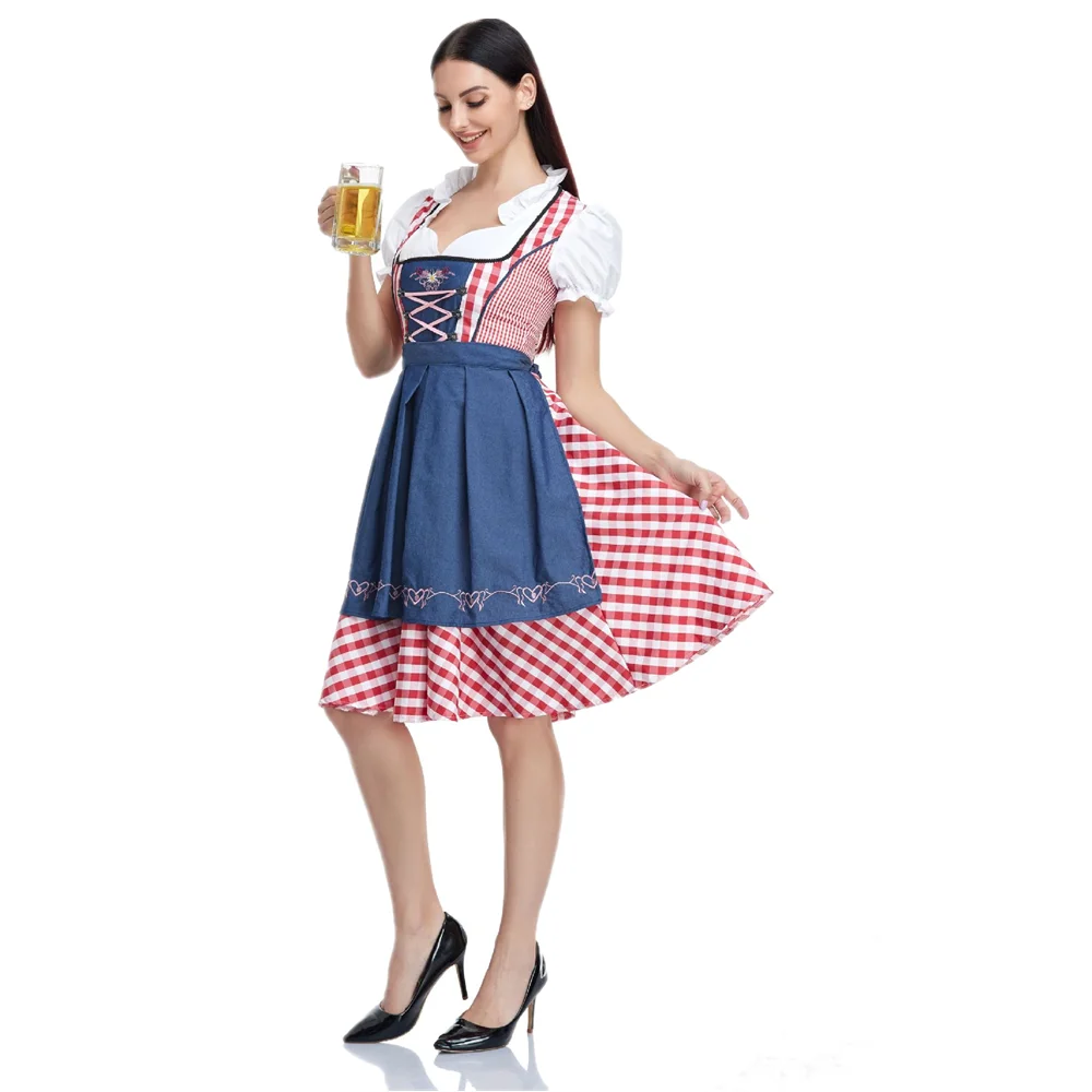 Hot Oktoberfest Plaid Dirndl Dress Costume Women German Bavarian Beer Wench Maid Cosplay Halloween Party Dress