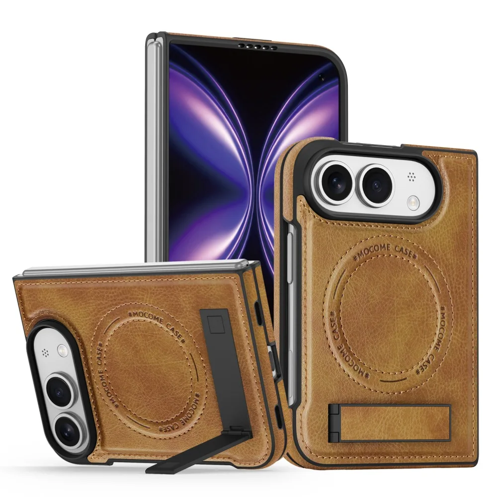 Retro Solid Color Leather Magnetic Charging Folding Phone Cover for iPhone Duo with Back Foldable Stand