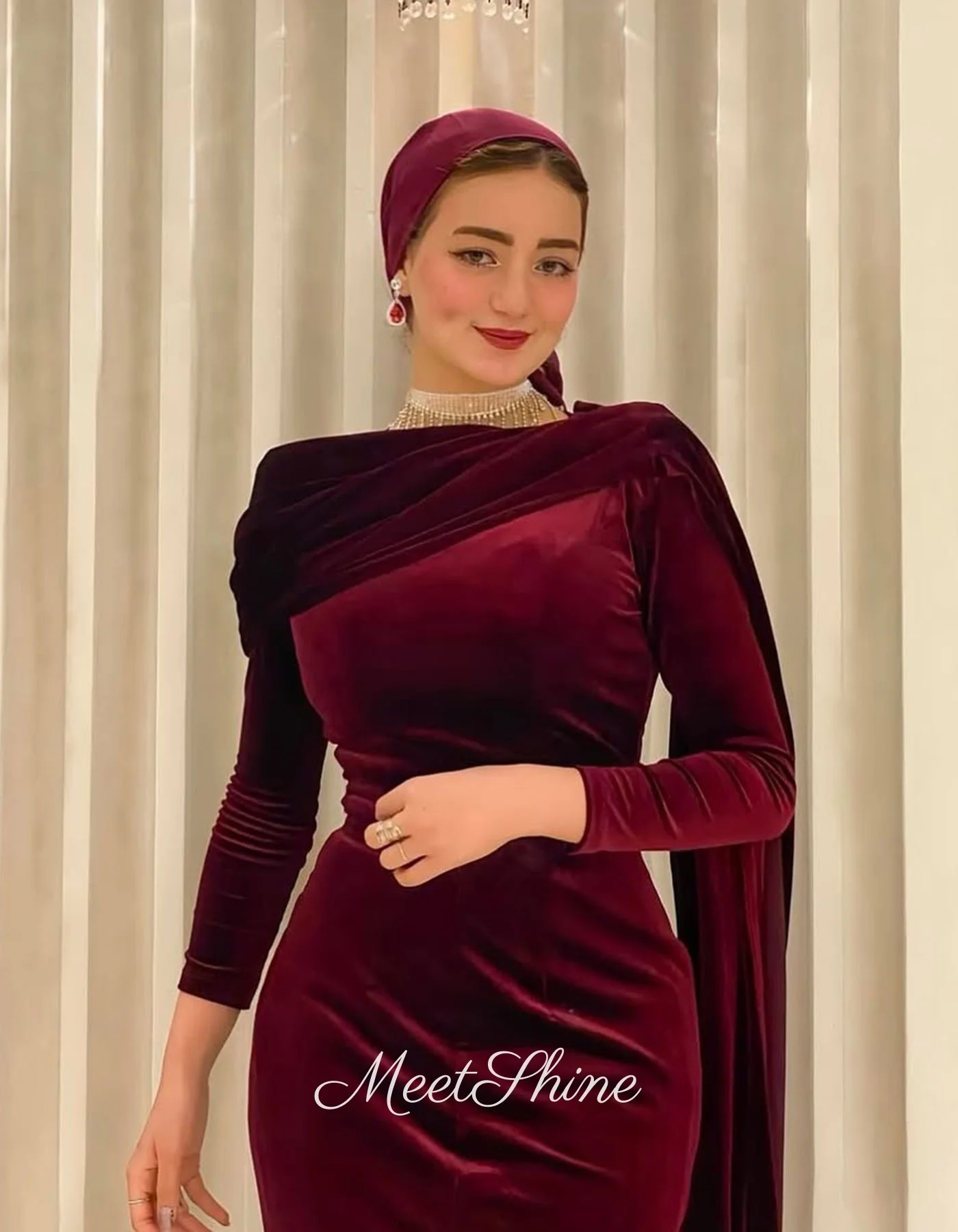 ブルゴーニュマーメイド長袖ベロアイブニングドレス高品質足首丈 O ネックウェディングパーティードレスウエディングドレスカスタマイズ