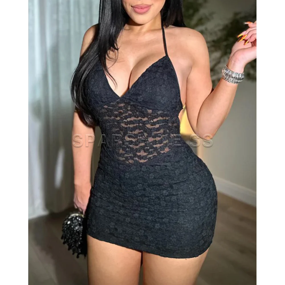 Y2K สีดํายุโรปและอเมริกาแฟชั่น V คอกระโปรงเซ็กซี่กระโปรง Elegant แขนกุดกระโปรงชุดมินิฤดูร้อน