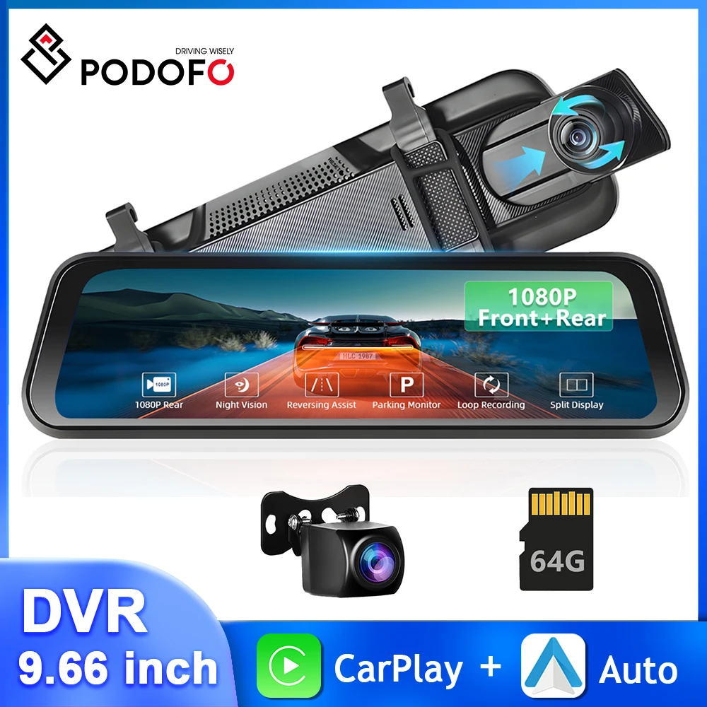 

Podofo 9.66 Inch Car Mirror Monitor CarPlay Android Auto Video Player DVR Rearview Camera 64G Card Dashboard Parking Monitor