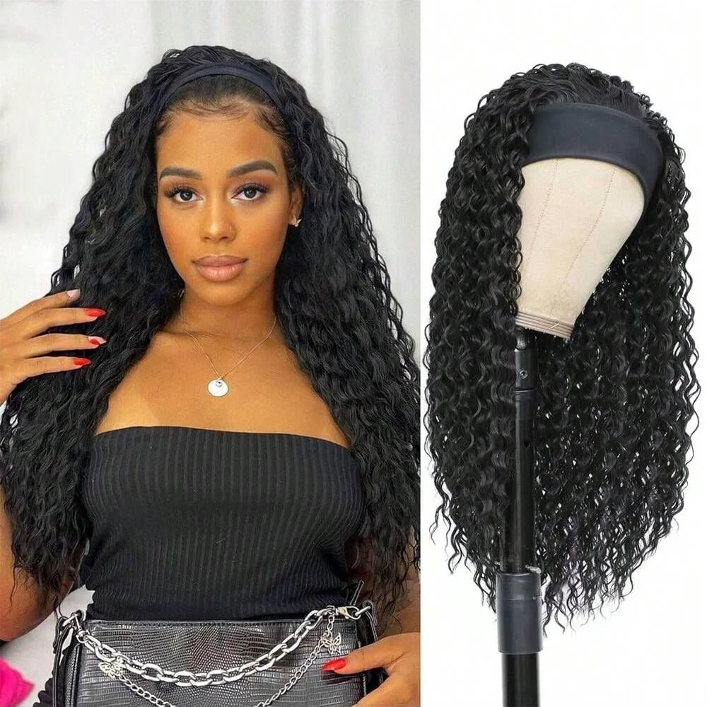 Headband Water Wave Human Hair Wig Beginner Friendly Machine Made for Women Water Wave Wigs Brazilian Natural Color 180% Density