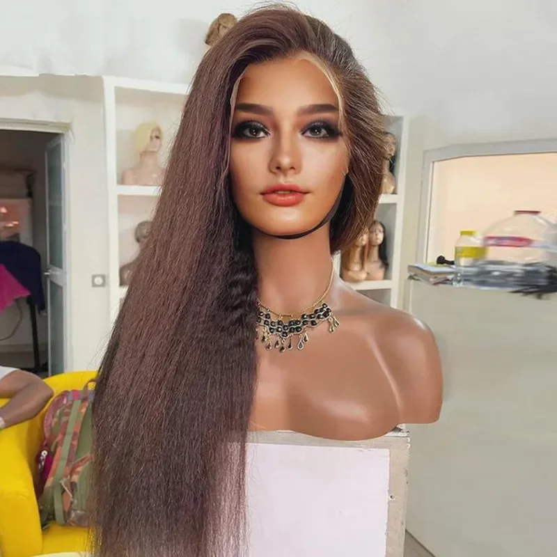 

28Inch 180Density Soft Glueless Brown Yaki Kinky Straight Lace Front Wigs For Women BabyHair Preplucked Daily Fashion Synthetic