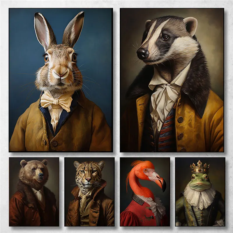 Retro hayvan beyefendi portre ortaçağ kez posterler ve baskılar tuval boyama duvar sanat resmi oturma odası ev dekor hediyeler