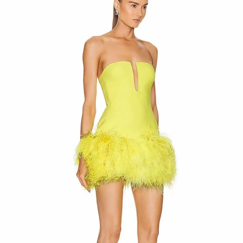 New Arrival Yellow Black Color Women Sexy Strapless Feathers Bodycon Mini Bandage Dress Fashion Celebrate Birthday Party Dress