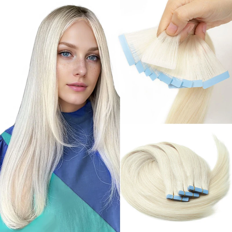 Fita invisível em extensões, injeção de cabelo humano, extensões de cabelo, trama plutônio, fita nos cabelos, #60 loiro platina, 10 pcs/pack