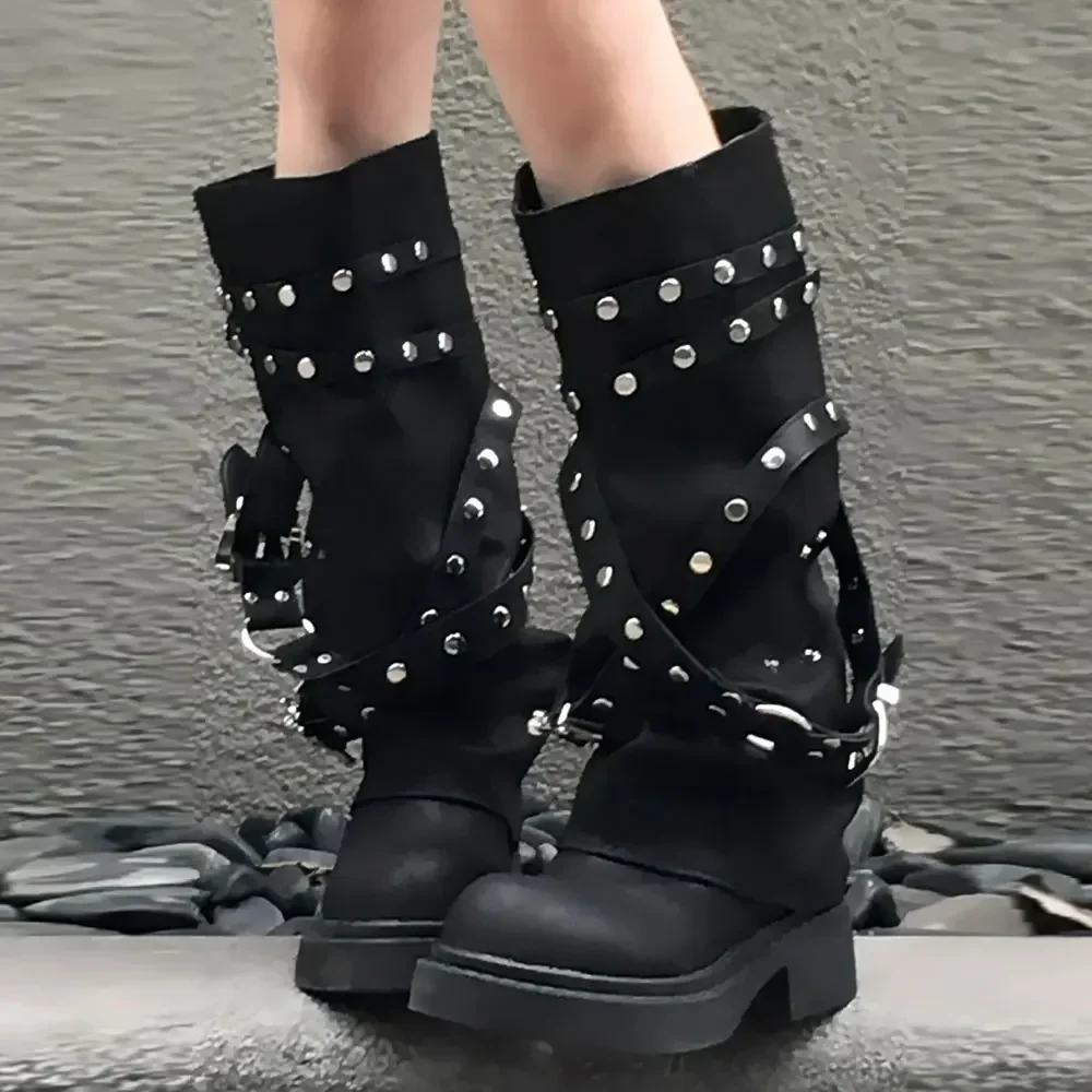 2024 New Maillard Style Gothic Motorcycles Boots for Women Black Punk Rivets Belt Knee High Boot Shoes Women Shoes Size 35-40