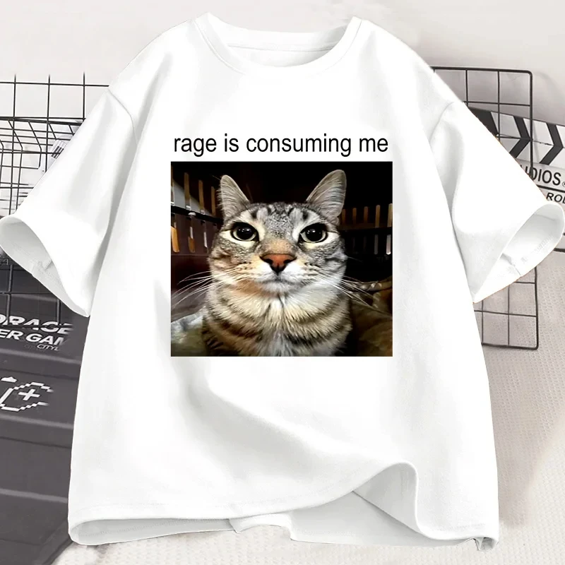 Rage Is Consuming Me Silly Staring Cat Meme Tee Shirt Casual Short Sleeve T-shirts Men Women Cat Lover T Shirt Oversized