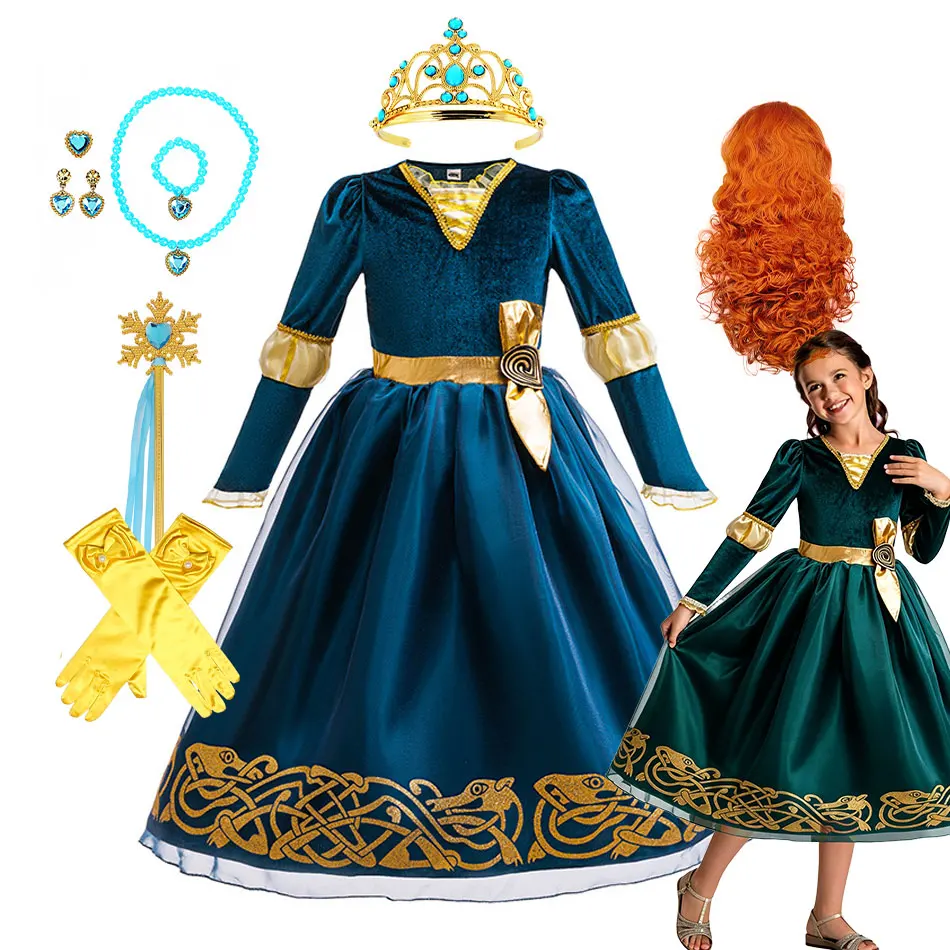 

Kids Merida Cosplay Princess Dress Girl Teal Classic Elegant Velvet Clothes Children Role Play Halloween Birthday Carnival Party
