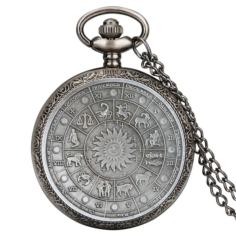 

Retro Astrological Calendar Pocket Watch Men Women Zodiac Sun Design Quartz Analog Clock with Necklace Chain Special Gift