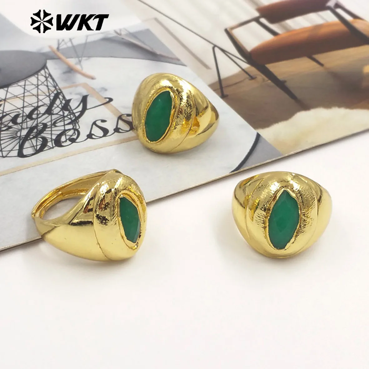 

WT-R575 Natural Beautiful Green Jade US8 Can Be Adjustable Ring With Real Gold Plated For Wife Daily Jewelry