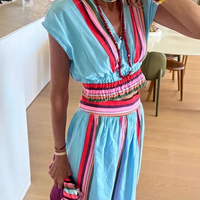 Women's Boho Striped 2 Piece Set V Neck Cap Sleeve Smocked Waist Top + Maxi Skirt Outfit for Summer Beach Vacation