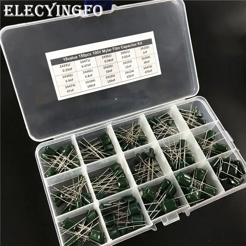 

15Value*10pcs Total=150pcs Mylar Capacitor Kit 100V (2A331J~2A474J) Polyester Film Capacitor Assorted Kit with Box