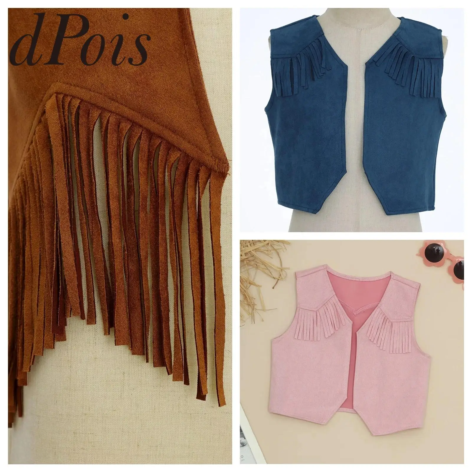 Children's Suede Western Cowgirl Costume Girls Performance Tassels Fringe Vest Waistcoat Dancewear Party Role Play Cowboy Vests
